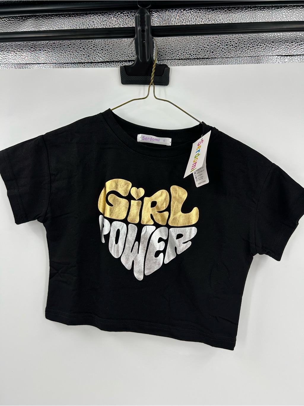 Black "Girl Power" Metallic Graphic Tee For Kids